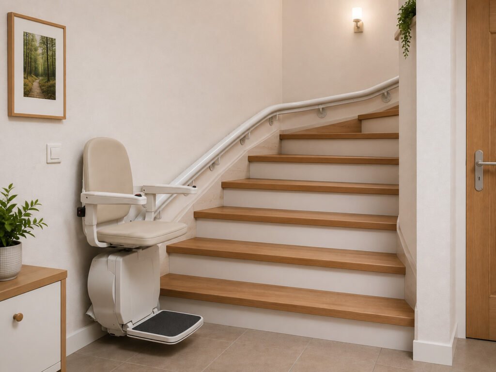 Kurven-Treppenlift auf geschwungener Treppe mit individuell angepasster Schiene