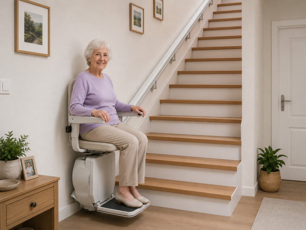 Moderner Sitzlift auf gerader Treppe in Wohnhaus mit Schiene montiert