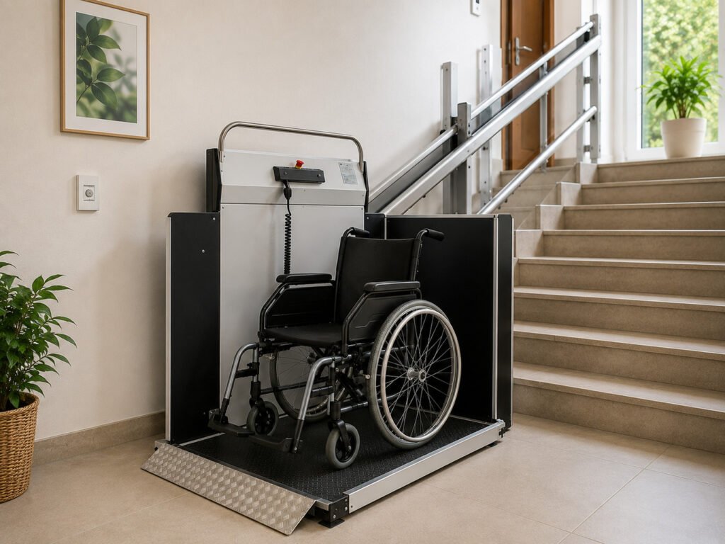 Plattformlift mit stabiler Plattform an Treppe installiert